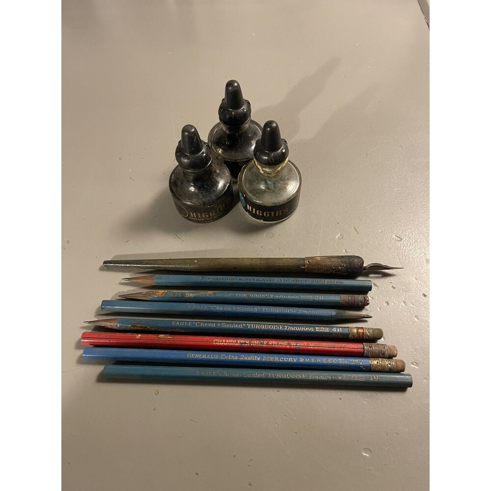 Vintage Labeled Higgins American India ink Bottles (3) old pencils & ink pen